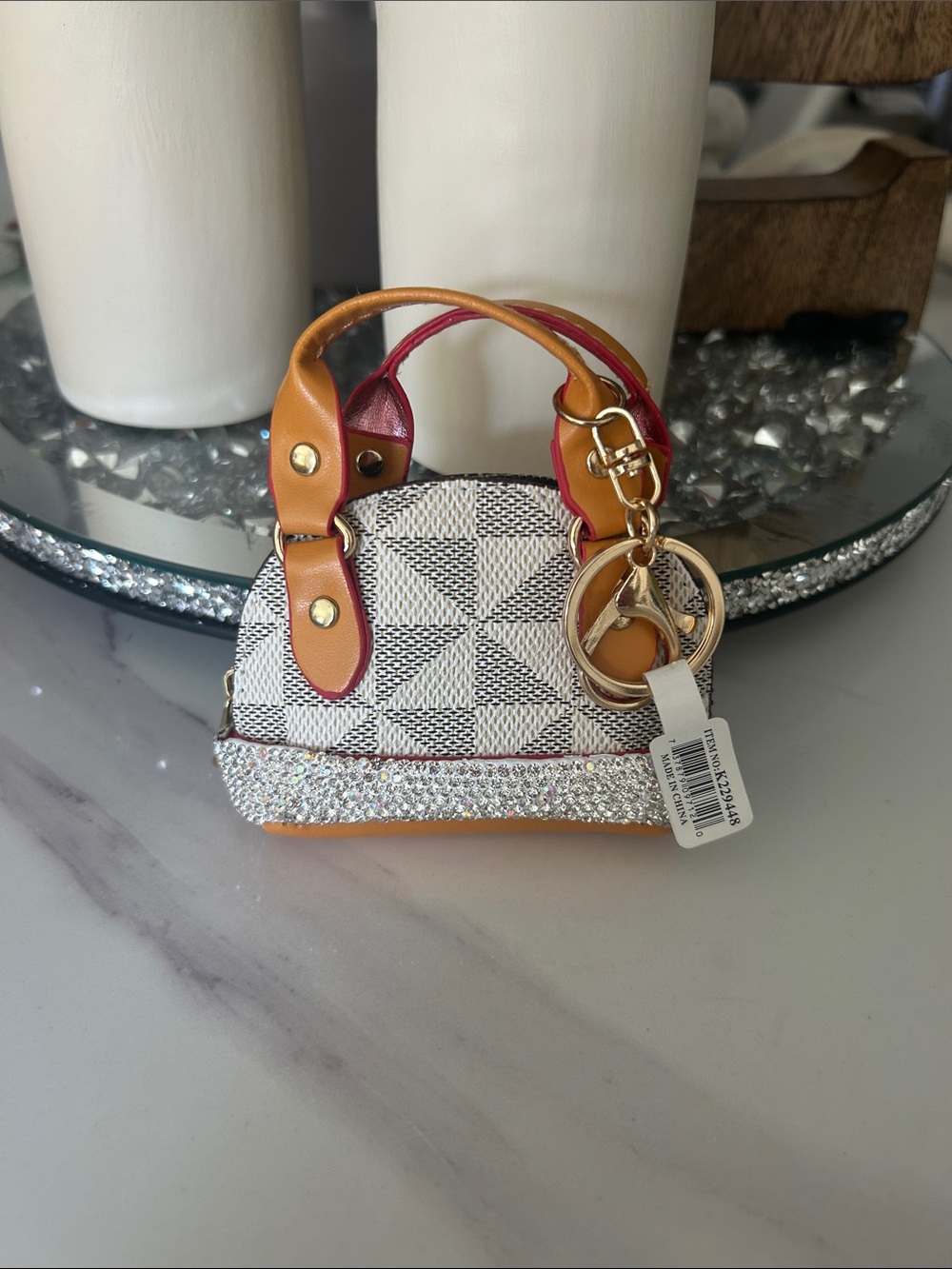 Women’s Mini Tote Bag with Glitter Trim keychain or hangs to purse